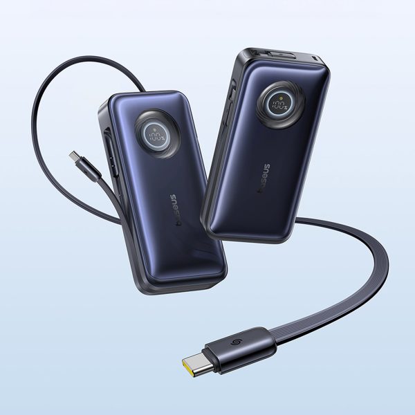 Powerbank 20000mAh 100W ar ievelkamiem USB-C kabeļiem - melns
