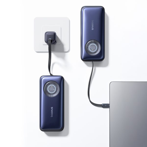 Powerbank 20000mAh 100W ar ievelkamiem USB-C kabeļiem - melns