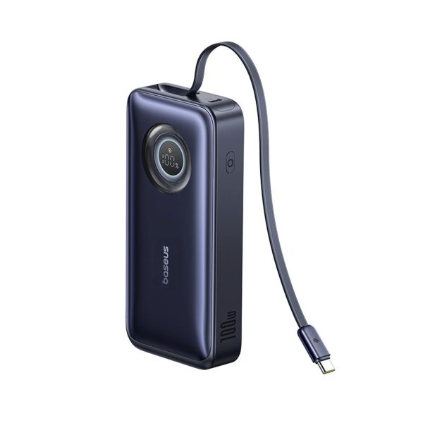 Powerbank 20000mAh 100W ar ievelkamiem USB-C kabeļiem - melns