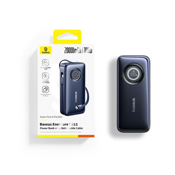 Powerbank 20000mAh 100W ar ievelkamiem USB-C kabeļiem - melns