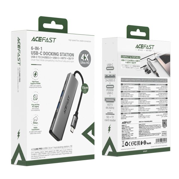 Centrmezgla dokstacija 6-in-1 USB-C - UAB-A USB-C HDMI SD 4K 60Hz PD 90W - pelēka