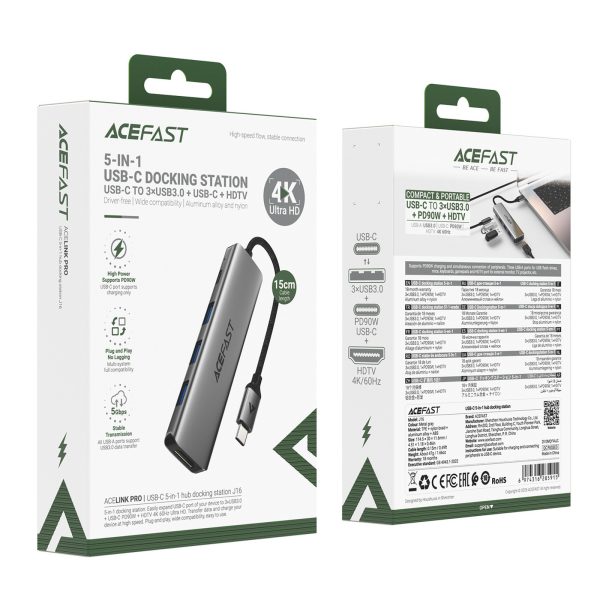 Dokstacija centrmezglam 5-in-1 USB-C - USB-A USB-C HDMI 4K 60Hz PD 90W - pelēka