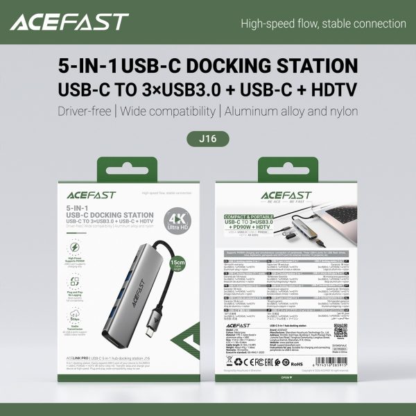 Dokstacija centrmezglam 5-in-1 USB-C - USB-A USB-C HDMI 4K 60Hz PD 90W - pelēka
