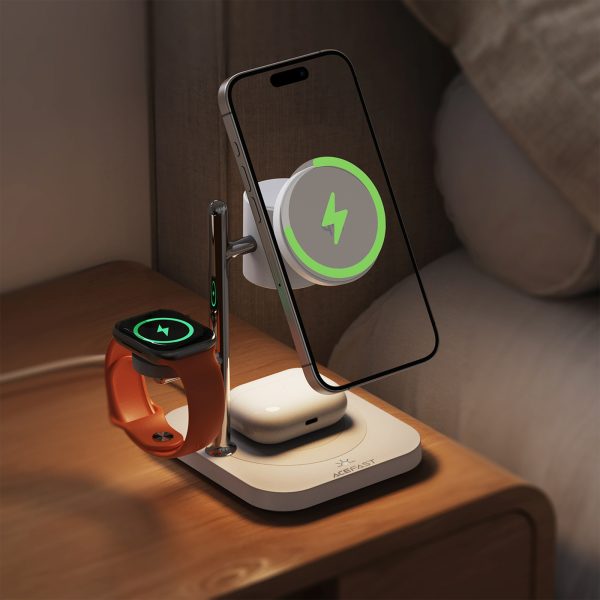 4-in-1 bezvadu lādētājs tālrunim, pulkstenim, austiņām ar naktsgaismu 25W - balts