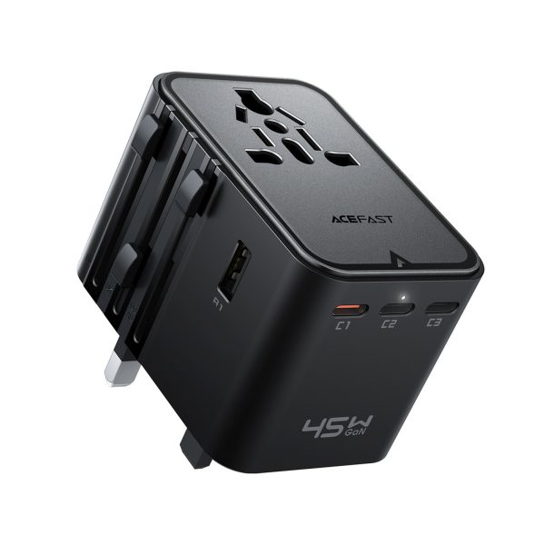 Ceļojuma adapteris, sienas lādētājs, USB-C, USB-A, maiņstrāva, ES, ASV, Apvienotā Karaliste, Austrālija - melns