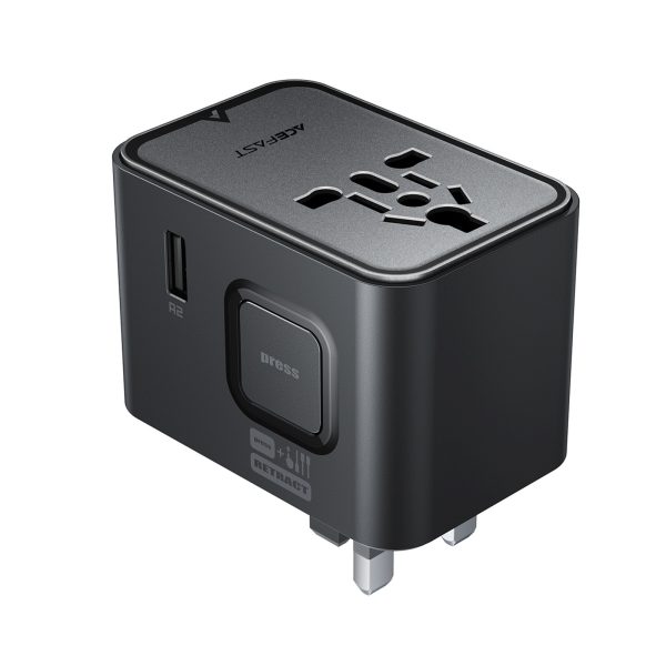 Ceļojuma adapteris, sienas lādētājs, USB-C, USB-A, maiņstrāva, ES, ASV, Apvienotā Karaliste, Austrālija - melns