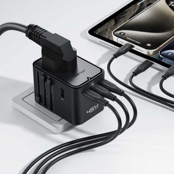 Ceļojuma adapteris, sienas lādētājs, USB-C, USB-A, maiņstrāva, ES, ASV, Apvienotā Karaliste, Austrālija - melns