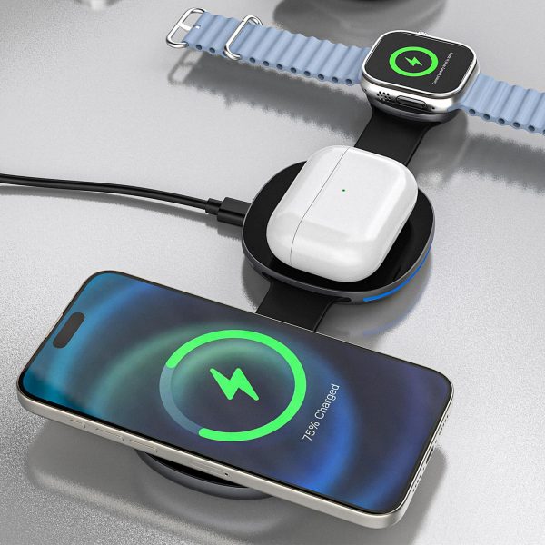 3-in-1 bezvadu lādētājs viedtālrunim, viedpulkstenim un austiņām MagSafe - melns