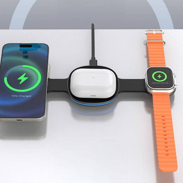 3-in-1 bezvadu lādētājs viedtālrunim, viedpulkstenim un austiņām MagSafe - melns
