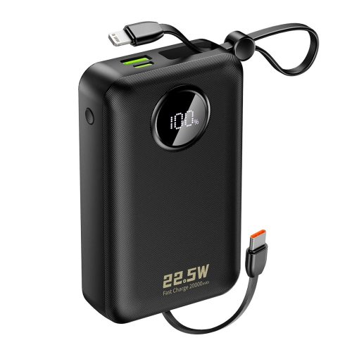 1035109-1-powerbank-20000mah-usb-c-usb-a-z-kablem-dudao-hurtownia-dropshipping.jpg 20000mAh USB-C USB-A Power Bank ar iebūvētiem iPhone Lightning USB-C kabeļiem - melns