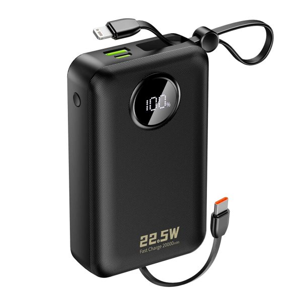 20000mAh USB-C USB-A Power Bank ar iebūvētiem iPhone Lightning USB-C kabeļiem - melns