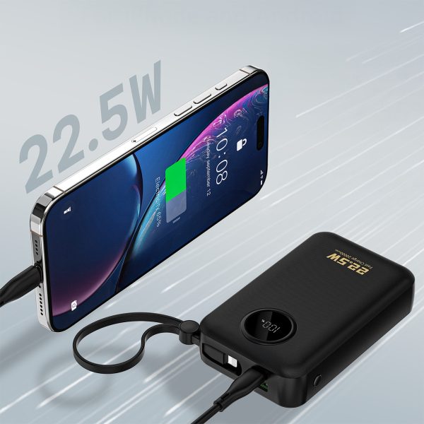 20000mAh USB-C USB-A Power Bank ar iebūvētiem iPhone Lightning USB-C kabeļiem - melns