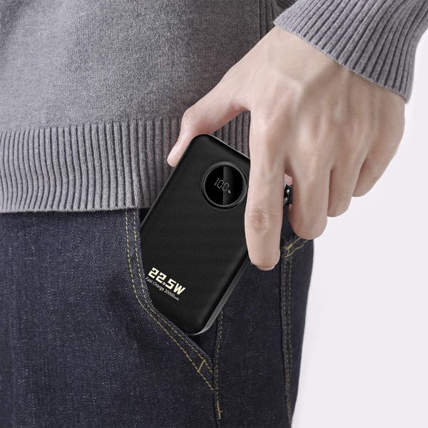 20000mAh USB-C USB-A Power Bank ar iebūvētiem iPhone Lightning USB-C kabeļiem - melns