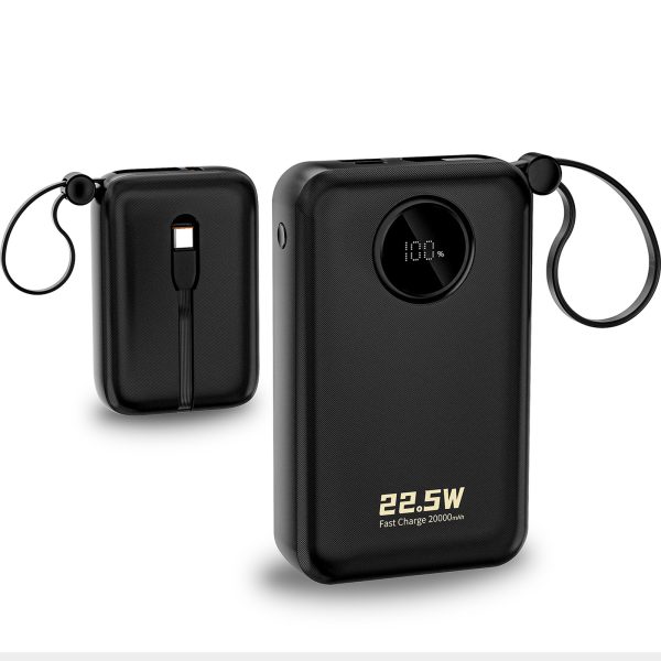 20000mAh USB-C USB-A Power Bank ar iebūvētiem iPhone Lightning USB-C kabeļiem - melns