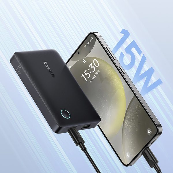 Powerbank 10000mAh 15W EnerFill FP11 ar USB-C kabeli 20V 3A 30cm - melns