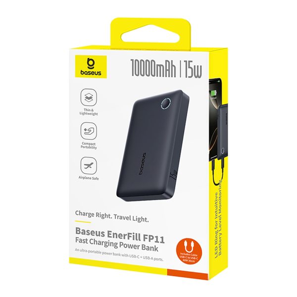 Powerbank 10000mAh 15W EnerFill FP11 ar USB-C kabeli 20V 3A 30cm - melns