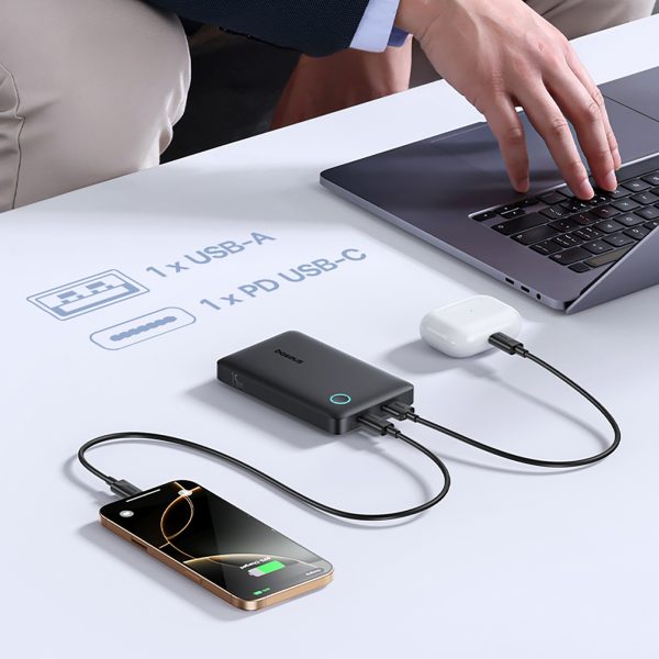 Powerbank 10000mAh 15W EnerFill FP11 ar USB-C kabeli 20V 3A 30cm - melns