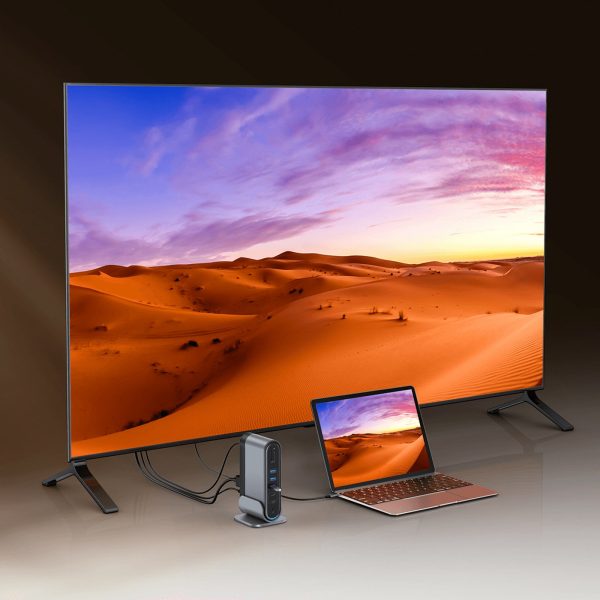 USB-C dokstacija - HDMI DP USB-A USB-C RJ45 PD PC SD TF 3,5 mm miniligzda - pelēka