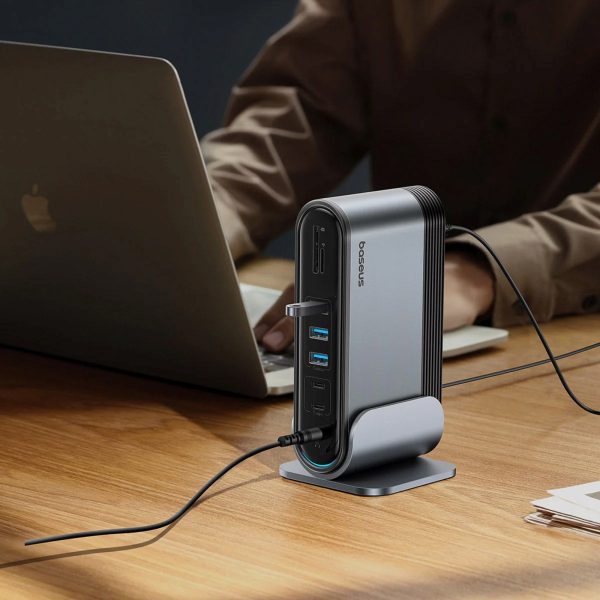 USB-C dokstacija - HDMI DP USB-A USB-C RJ45 PD PC SD TF 3,5 mm miniligzda - pelēka