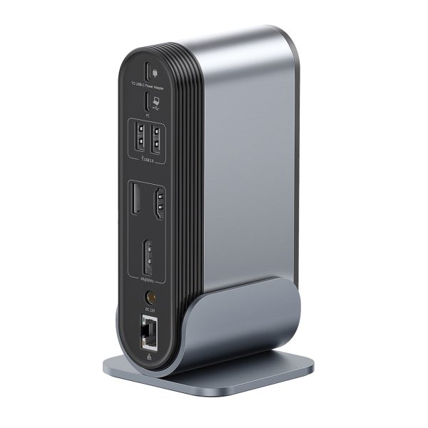 USB-C dokstacija - HDMI DP USB-A USB-C RJ45 PD PC SD TF 3,5 mm miniligzda - pelēka