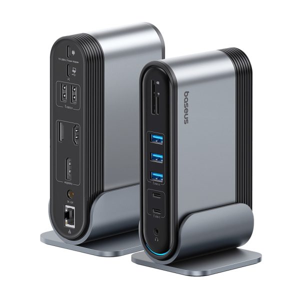 USB-C dokstacija - HDMI DP USB-A USB-C RJ45 PD PC SD TF 3,5 mm miniligzda - pelēka