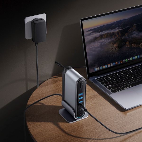 USB-C dokstacija - HDMI DP USB-A USB-C RJ45 PD PC SD TF 3,5 mm miniligzda - pelēka
