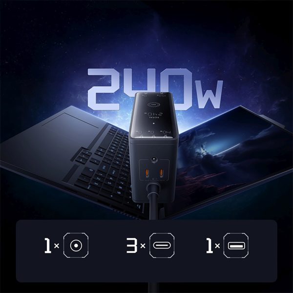 USB-A USB-C GaN 240W sienas lādētājs ar strāvas kabeli - melns