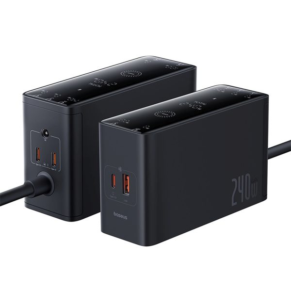 USB-A USB-C GaN 240W sienas lādētājs ar strāvas kabeli - melns