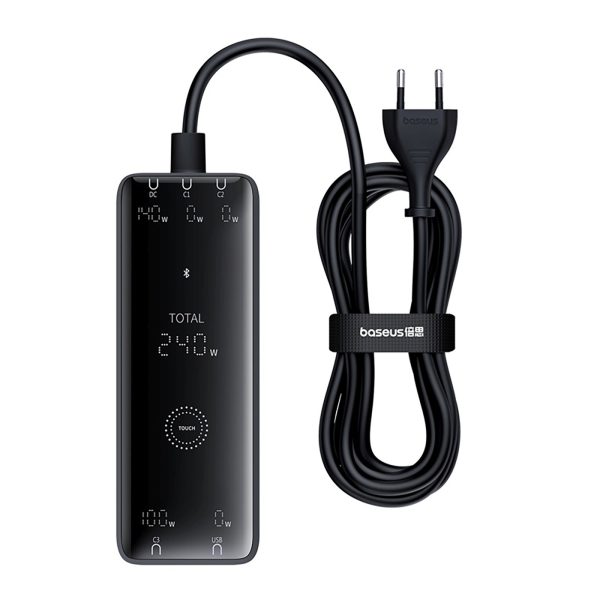 USB-A USB-C GaN 240W sienas lādētājs ar strāvas kabeli - melns