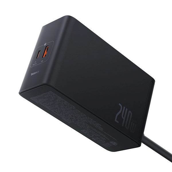 USB-A USB-C GaN 240W sienas lādētājs ar strāvas kabeli - melns
