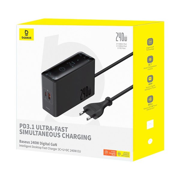 USB-A USB-C GaN 240W sienas lādētājs ar strāvas kabeli - melns