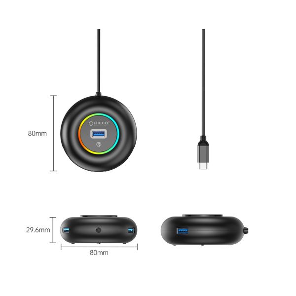 USB centrmezgla adapteris 4 portu USB-C - USB-A mini ligzda RGB 1,8 m - melns