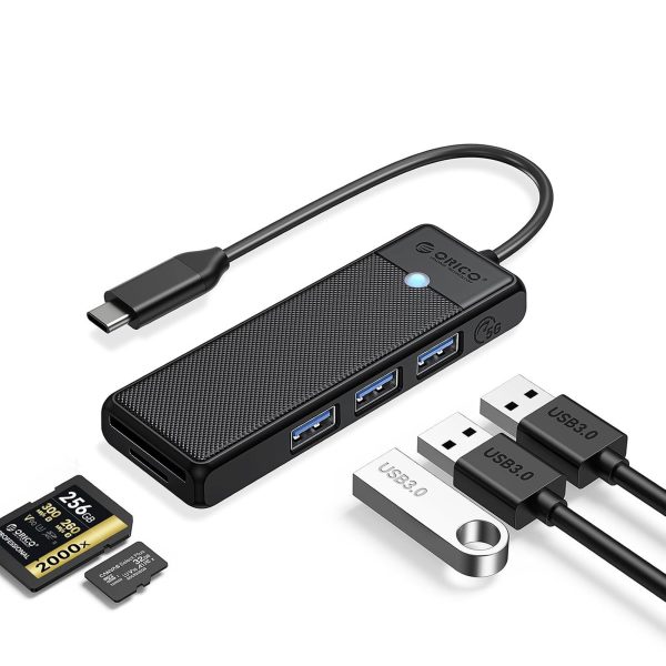 HUB adapteris 4 portu USB-C - USB-A SD karšu lasītājs microSD 1 m - melns