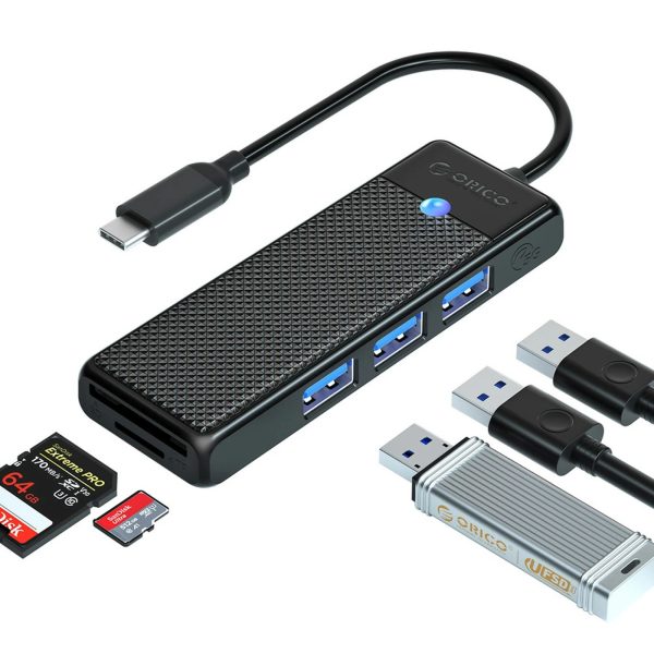 HUB adapteris 4 portu USB-C - USB-A SD karšu lasītājs microSD 0,15 m - melns