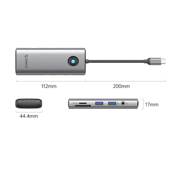 Centrmezgls 8in1 USB-C - USB-A USB-C HDMI SD microSD RJ45 mini ligzda PD 100W 4K 60Hz - pelēks
