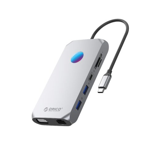 12 vienā centrmezgls USB-C — USB-A USB-C HDMI VGA microSD/SD RJ45 audio 3,5 mm PD 100 W 4K RGB — pelēks