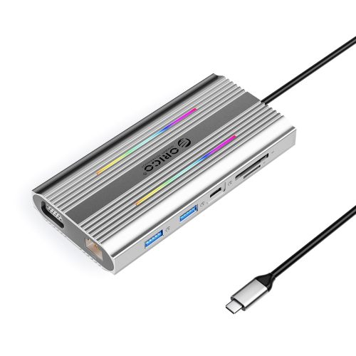 HUB 12in1 USB-C dokstacija - USB-A USB-C HDMI VGA RJ45 SD PD 100W 4K 1000Mbps RGB - sudrabs
