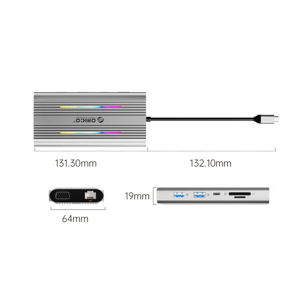 HUB 12in1 USB-C dokstacija - USB-A USB-C HDMI VGA RJ45 SD PD 100W 4K 1000Mbps RGB - sudrabs