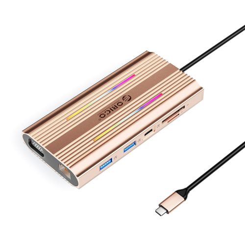 HUB 12in1 USB-C dokstacija - USB-A USB-C HDMI VGA RJ45 SD PD 100W 4K 1000Mbps RGB - rožzelta