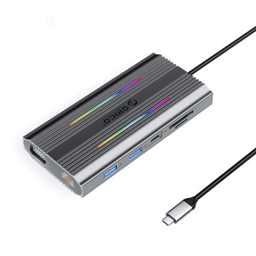 HUB 12in1 dokstacija USB-C - USB-A USB-C HDMI VGA RJ45 SD PD 100W 4K 1000Mbps RGB - pelēka