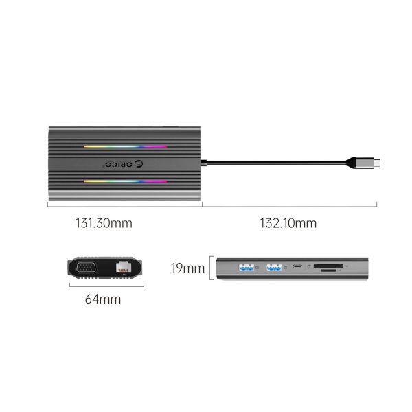 HUB 12in1 dokstacija USB-C - USB-A USB-C HDMI VGA RJ45 SD PD 100W 4K 1000Mbps RGB - pelēka