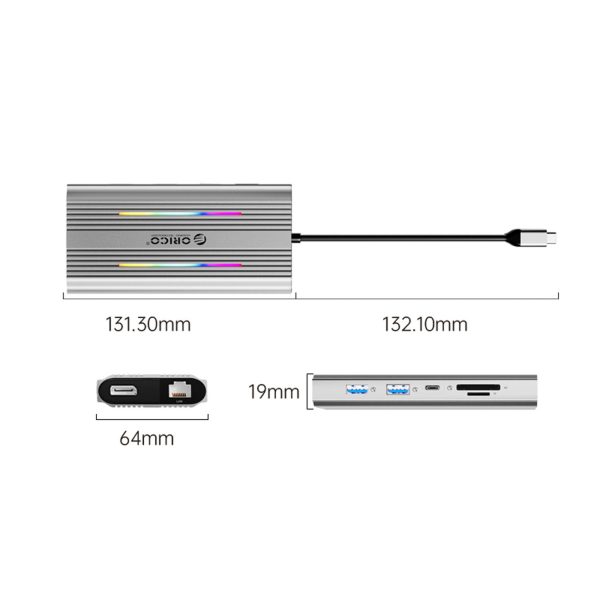 1035230-2-hub-12w1-usb-a-usb-c-hdmi-displayport-rj45-rgb-sre-orico-hurtownia-dropshipping.jpg 12 vienā centrmezgls USB-C — USB-A USB-C HDMI DisplayPort RJ45 SD/microSD 4K PD 100 W RGB — sudrabs