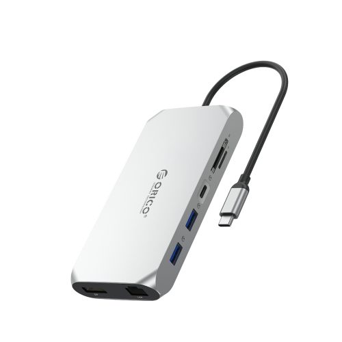 12 vienā USB-C centrmezgla stacija — USB-A USB-C HDMI DisplayPort SD/microSD RJ45 3,5 mm CTIA — sudrabs