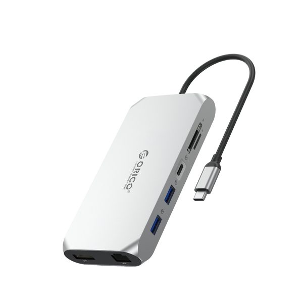 1035238-1-stacja-hub-12w1-usb-a-usb-c-hdmi-displayport-sd-sr-orico-hurtownia-dropshipping.jpg 12 vienā USB-C centrmezgla stacija — USB-A USB-C HDMI DisplayPort SD/microSD RJ45 3,5 mm CTIA — sudrabs