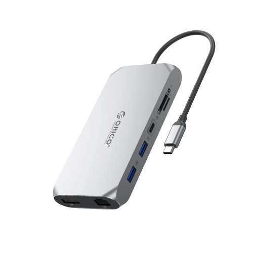 12 vienā USB-C centrmezgla stacija — USB-A USB-C HDMI DisplayPort SD/microSD RJ45 3,5 mm CTIA — pelēka