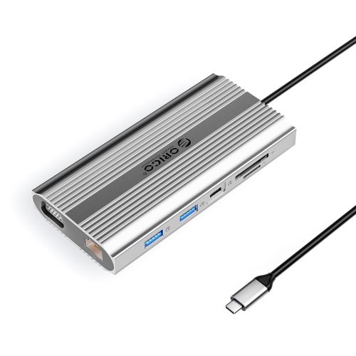12 vienā USB-C dokstacija — USB-A, USB-C, HDMI, VGA, RJ45, SD, microSD, PD, 100 W — sudrabkrāsas