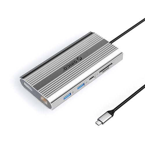 HUB stacija 12in1 USB-C - USB-A USB-C HDMI DisplayPort RJ45 SD PD 100W 4K 1000Mbps - sudrabkrāsas