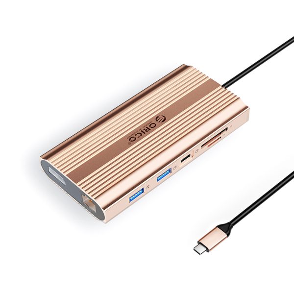 1035245-1-hub-stacja-12w1-usb-a-usb-c-hdmi-displayport-roz-orico-hurtownia-dropshipping.jpg HUB stacija 12in1 USB-C - USB-A USB-C HDMI DisplayPort RJ45 SD PD 100W 4K 1000Mbps - rožzelta