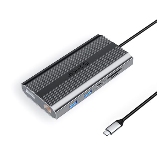 HUB stacija 12in1 USB-C - USB-A USB-C HDMI DisplayPort RJ45 SD PD 100W 4K 1000Mbps - pelēka