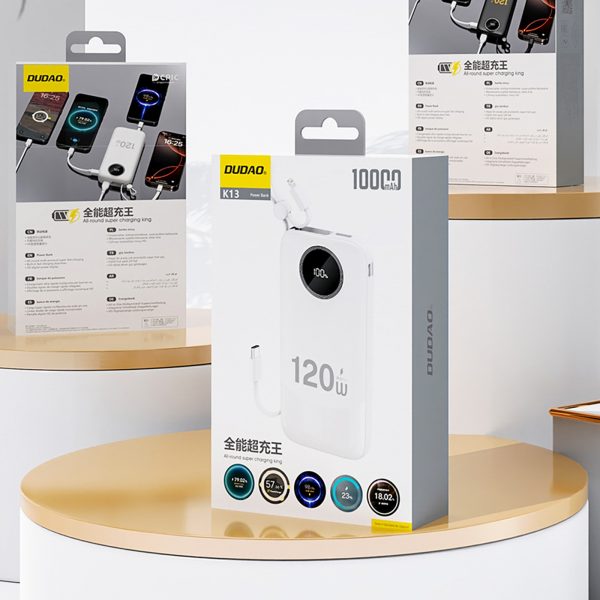 K13 10000mAh 22.5W Powerbank ar iebūvētu kabeli - balts
